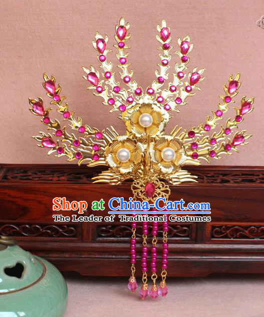 Traditional Handmade Chinese Hair Accessories Princess Golden Phoenix Frontlet Hairpins, Ming Dynasty Palace Lady Rosy Tassel Step Shake for Women