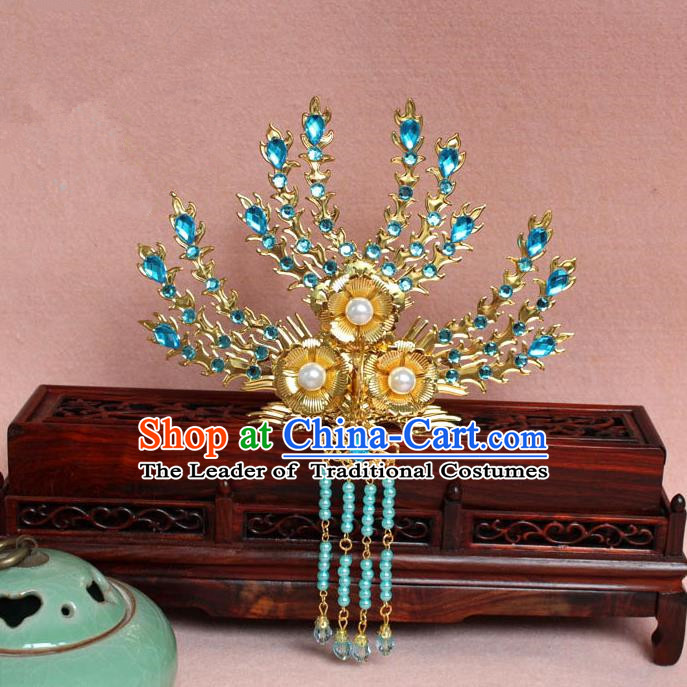 Traditional Handmade Chinese Hair Accessories Princess Golden Phoenix Frontlet Hairpins, Ming Dynasty Palace Lady Blue Tassel Step Shake for Women