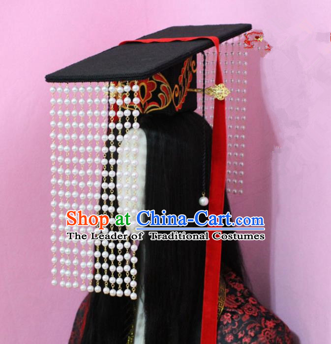 Traditional Handmade Chinese Hair Accessories Emperor Headwear, China Qin Dynasty Majesty Tassel Hats for Men