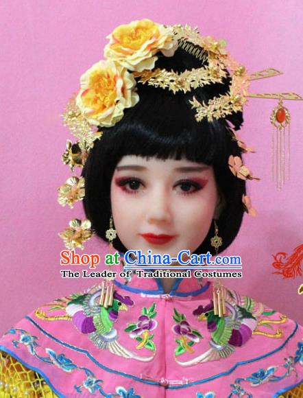 Traditional Handmade Chinese Hair Accessories Palace Lady Empress Flowers Hairpin Complete Set, Xiuhe Suit Tassel Step Shake Hairpins for Women