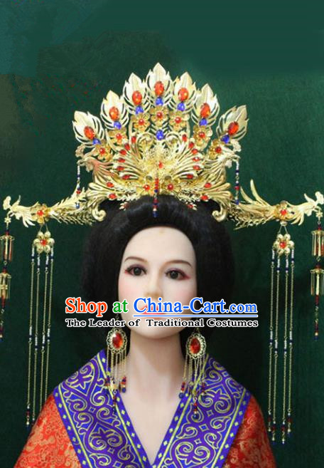 Traditional Handmade Chinese Hair Accessories Big Phoenix Coronet Complete Set, China Tang Dynasty Phoenix Tassel Hairpins for Women