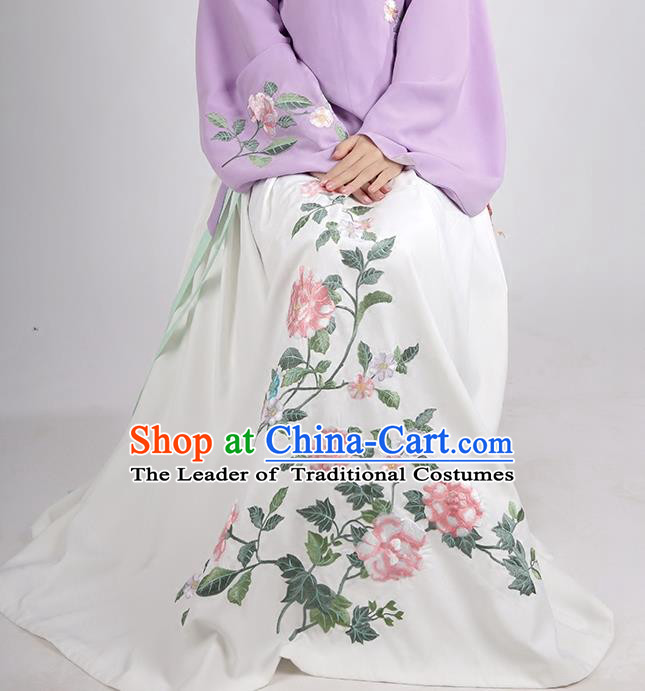 Asian Chinese Ming Dynasty Princess Costume Embroidery Peony White Skirts, Ancient China Palace Lady Embroidered Dress for Women