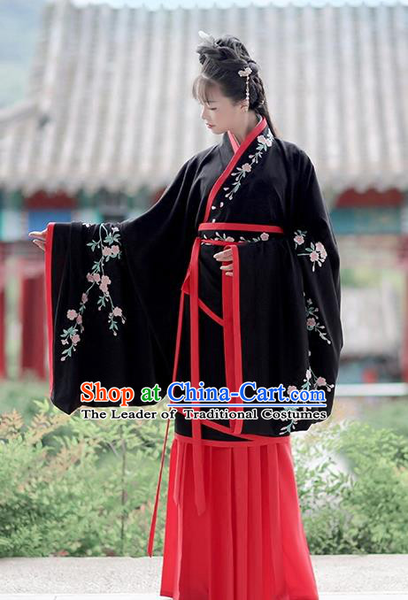 Asian Chinese Han Dynasty Costume Hanfu Embroidery Black Curve Bottom, Traditional China Ancient Embroidered Dress Clothing for Women