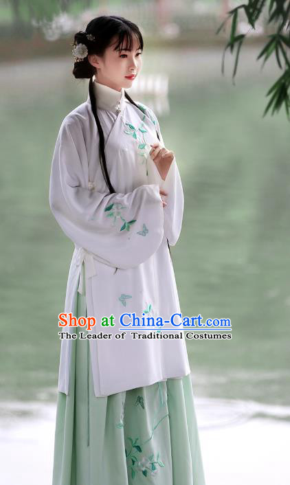 Asian Chinese Ming Dynasty Princess Costume Hanfu Embroidery White Coat, Traditional China Ancient Embroidered Dress Clothing for Women