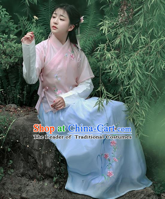 Asian Chinese Song Dynasty Young Lady Costume Complete Set, Ancient China Princess Embroidered Half-Sleeves Slip Skirt Clothing for Women