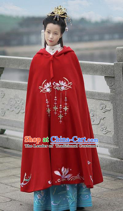 Asian Chinese MIng Dynasty Young Lady Costume Red Cloak, Ancient China Princess Embroidered Mantle Clothing for Women