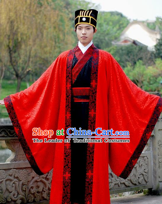 Asian Chinese Han Dynasty Wedding Costume, Ancient China Bridegroom Embroidered Red Clothing for Men