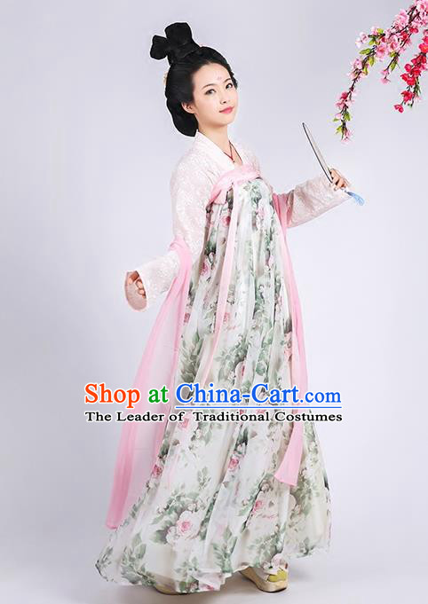 Asian Chinese Tang Dynasty Princess Costume Complete Set, Ancient China Palace Lady Printing Slip Skirt Clothing for Women
