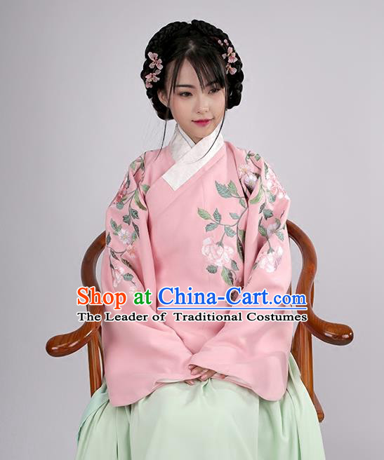 Asian Chinese Ming Dynasty Young Lady Costume Pink Embroidery Wool Blouse, Ancient China Princess Embroidered Clothing for Women