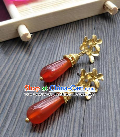 Traditional Handmade Chinese Hanfu Accessories Copper Earrings, China Palace Lady Tassel Red Agate Eardrop for Women