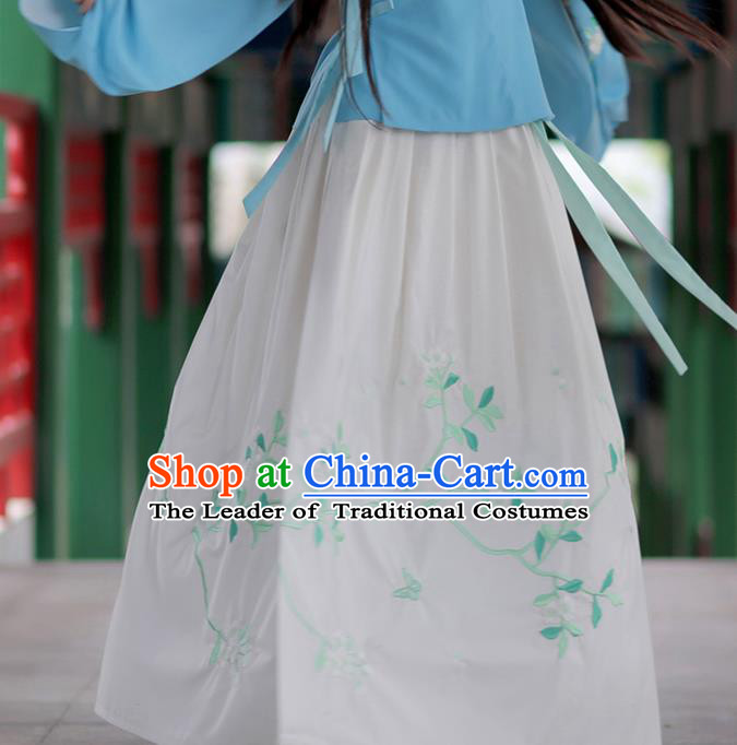 Asian Chinese Ming Dynasty Young Lady Costume White Bust Skirt, Ancient China Princess Embroidered Hanfu Dress Clothing for Women