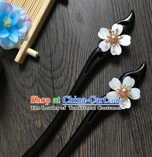 Traditional Handmade Chinese Hair Accessories Shell Kanzashi, China Ancient Palace Lady Hanfu Ebony Hairpins for Women