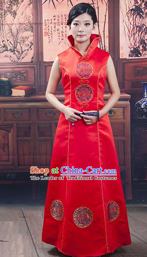 Traditional Ancient Chinese Republic of China Red Wedding Cheongsam, Asian Chinese Chirpaur Embroidered Qipao Dress Clothing for Women