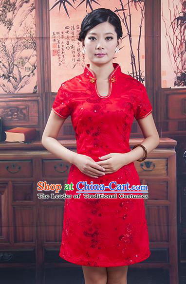 Traditional Ancient Chinese Republic of China Red Wedding Short Cheongsam, Asian Chinese Chirpaur Embroidered Qipao Dress Clothing for Women