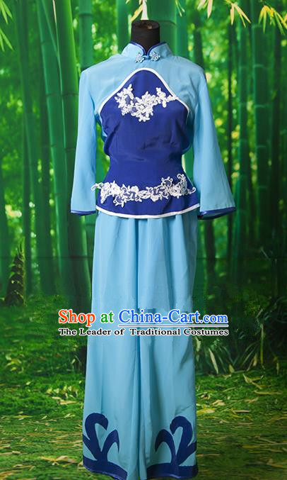 Traditional Chinese Yangge Fan Dancing Costume, Folk Dance Yangko Blue Clothing for Women