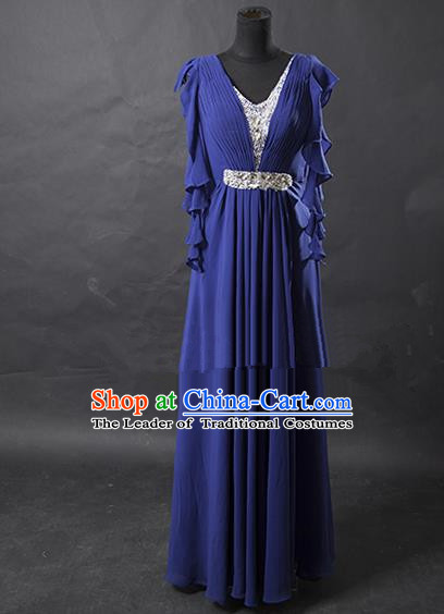 Traditional Chinese Modern Dancing Costume, Women Opening Classic Chorus Singing Group Blue Full Dress for Women