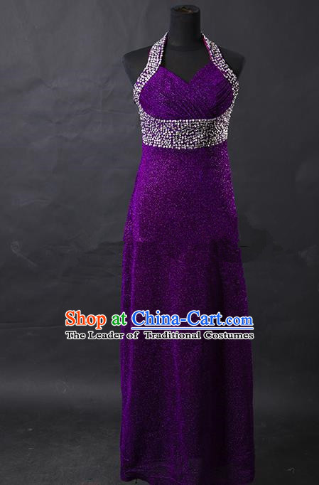 Traditional Chinese Modern Dancing Costume, Women Opening Classic Chorus Singing Group Purple Full Dress for Women