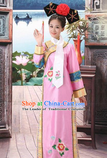 Traditional Ancient Chinese Manchu Palace Lady Pink Costume, Asian Chinese Qing Dynasty Princess Embroidered Dress Clothing for Women