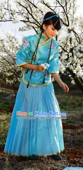 Traditional Ancient Chinese Manchu Nobility Lady Blue Costume, Asian Chinese Qing Dynasty Embroidered Dress Clothing for Women