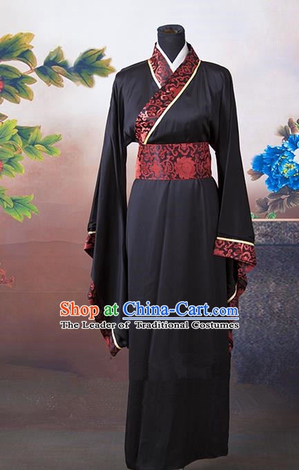 Asian China Ancient Han Dynasty Palace Lady Wedding Costume, Traditional Chinese Hanfu Embroidered Black Curve Bottom Clothing for Women