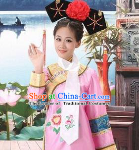 Traditional Ancient Chinese Manchu Palace Lady Costume, Asian Chinese Qing Dynasty Imperial Consort Embroidered Pink Dress Clothing for Women