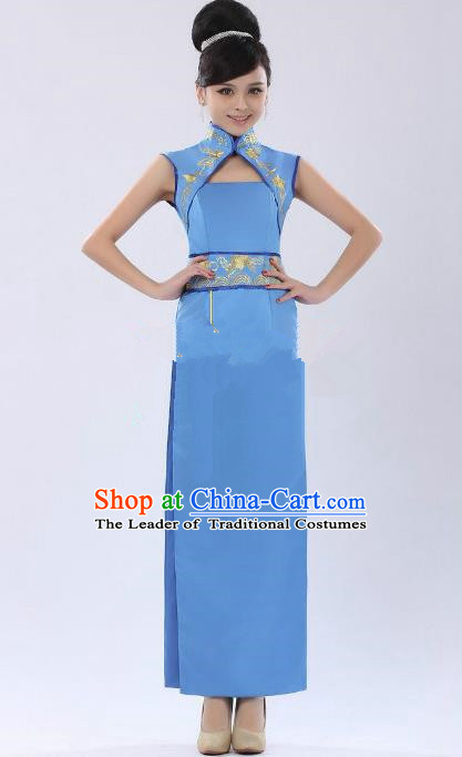 Traditional Ancient Chinese Republic of China Cheongsam Costume, Asian Chinese Embroidered Blue Chirpaur Clothing for Women