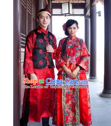 Asian China Ancient Wedding Bride and Bridegroom Costume, Traditional Chinese Hanfu Embroidered Dress Clothing for Women for Men