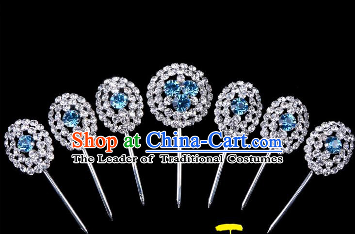 Traditional Beijing Opera Diva Hair Accessories Blue Crystal Head Ornaments Hairpins Complete Set, Ancient Chinese Peking Opera Hua Tan Hair Stick Headwear