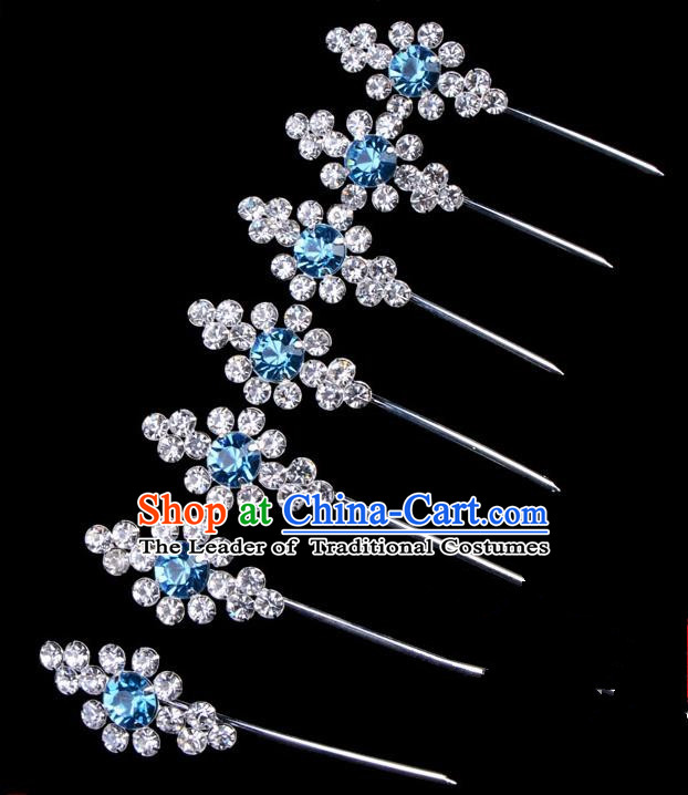 Traditional Beijing Opera Diva Hair Accessories Blue Crystal Head Ornaments Complete Set, Ancient Chinese Peking Opera Hua Tan Hairpins Hair Stick Headwear