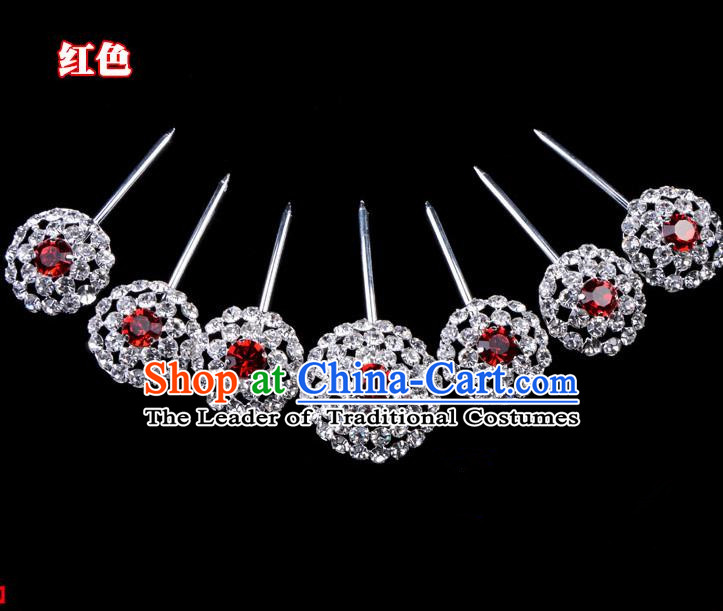 Traditional Beijing Opera Diva Hair Accessories Red Crystal Head Ornaments Complete Set, Ancient Chinese Peking Opera Hua Tan Round Hairpins Hair Stick Headwear