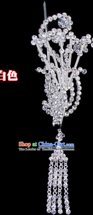 Traditional Beijing Opera Diva Hair Accessories Crystal Phoenix Head Ornaments, Ancient Chinese Peking Opera Hua Tan Tassel Hairpins Hair Stick Headwear