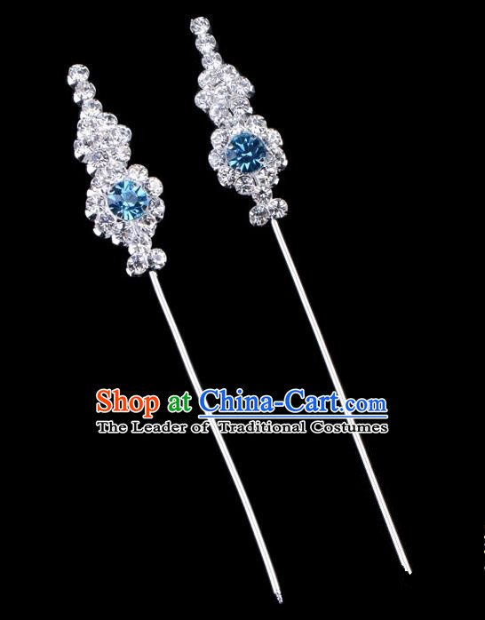 Traditional Beijing Opera Diva Hair Accessories Blue Crystal Head Ornaments, Ancient Chinese Peking Opera Hua Tan Hairpins Hair Stick Headwear