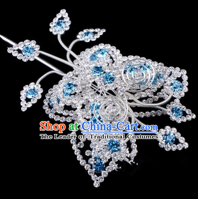 Traditional Beijing Opera Diva Hair Accessories Blue Crystal Butterfly Head Ornaments, Ancient Chinese Peking Opera Hua Tan Large Hairpins Hair Stick Headwear