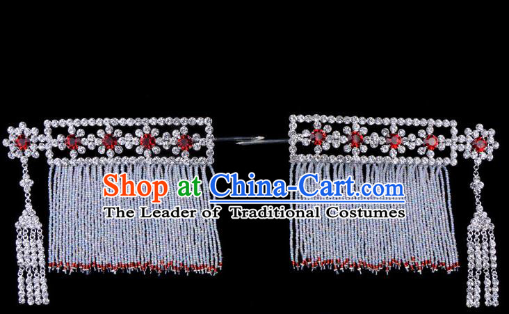 Traditional Beijing Opera Diva Hair Accessories Red Crystal Head Ornaments Temples Curtain Hairpins, Ancient Chinese Peking Opera Hua Tan Tassel Hair Stick Headwear