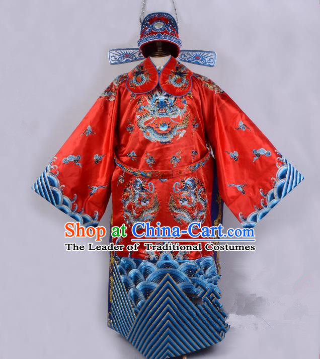 Top Grade Professional Beijing Opera Emperor Costume Royal Highness Red Embroidered Robe and Belts, Traditional Ancient Chinese Peking Opera Embroidery Dragons Clothing