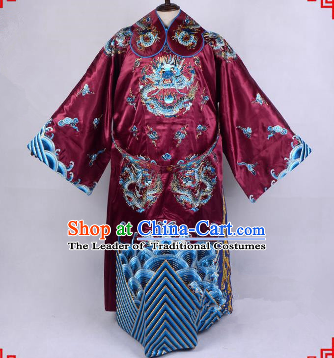 Top Grade Professional Beijing Opera Emperor Costume Royal Highness Amaranth Embroidered Robe and Belts, Traditional Ancient Chinese Peking Opera Embroidery Dragons Clothing