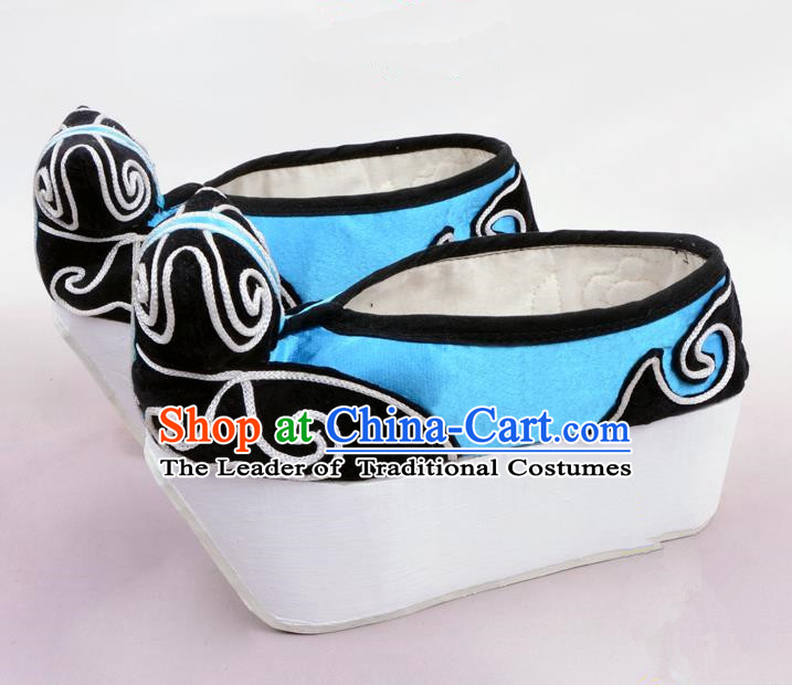 Traditional Beijing Opera Niche Blue Shoes Young Men Fulfillment of Cloud, Ancient Chinese Peking Opera Scholar Satin Flange Shoes