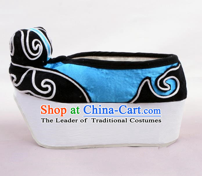 Traditional Beijing Opera Niche Deep Blue Shoes Young Men Fulfillment of Cloud, Ancient Chinese Peking Opera Scholar Satin Flange Shoes