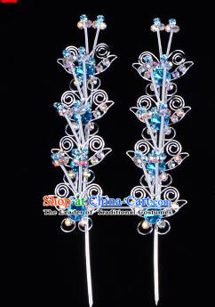 Traditional Beijing Opera Diva Hair Accessories Blue Crystal Butterfly Head Ornaments Hairpins, Ancient Chinese Peking Opera Hua Tan Hair Stick Headwear