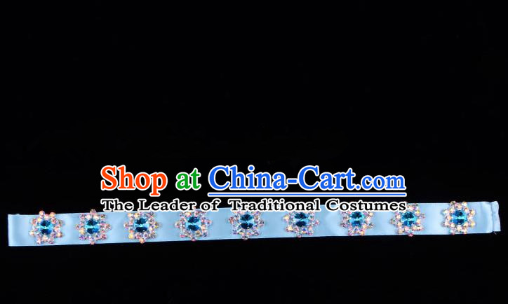 Traditional Beijing Opera Diva Hair Accessories Colorful Crystal Blue Headband, Ancient Chinese Peking Opera Hua Tan Hair Clasp Headwear