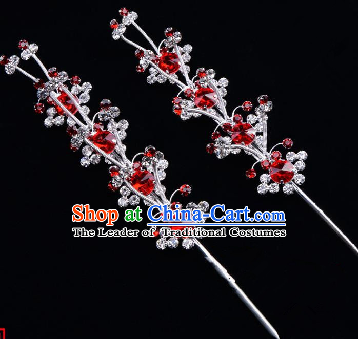 Traditional Beijing Opera Diva Hair Accessories Red Crystal Hairpins, Ancient Chinese Peking Opera Hua Tan Hair Stick Headwear