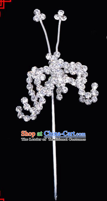 Traditional Beijing Opera Diva Hair Accessories Crystal Bat Hairpins, Ancient Chinese Peking Opera Hua Tan Hair Stick Headwear