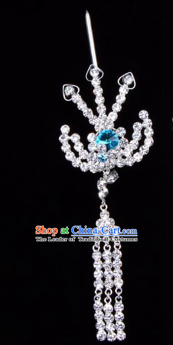 Traditional Beijing Opera Diva Hair Accessories Blue Crystal Hairpins Phoenix Step Shake, Ancient Chinese Peking Opera Hua Tan Hair Stick Headwear