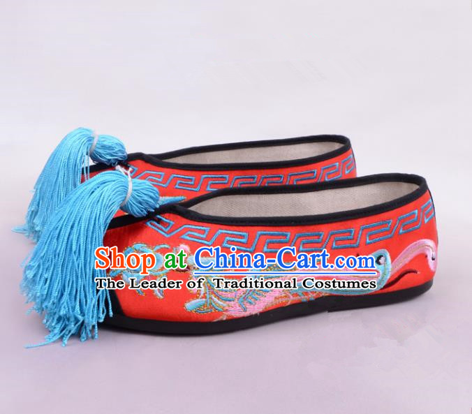 Traditional Beijing Opera Hua Tan Embroidered Shoes Princess Red Shoes, Ancient Chinese Peking Opera Diva Embroidered Phoenix Blood Stained Shoes