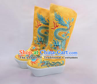 Traditional Beijing Opera Emperor Embroidered Boots Yellow Tiger-head Shoes, Ancient Chinese Peking Opera Takefu Satin Embroidery High Leg Boots