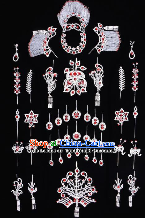 Traditional Beijing Opera Diva Hair Accessories Red Crystal Butterfly Head Ornaments Complete Set, Ancient Chinese Peking Opera Hua Tan Hairpins Phoenix Step Shake Headwear