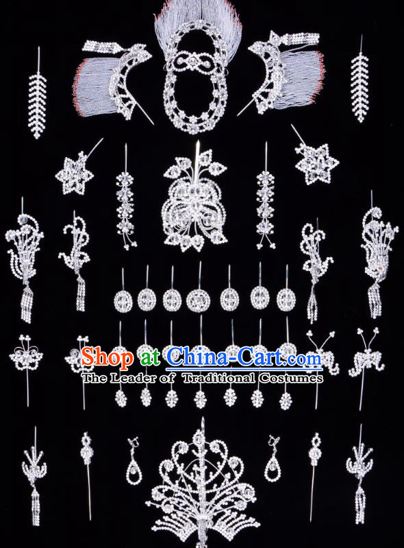 Traditional Beijing Opera Diva Hair Accessories Crystal Butterfly Head Ornaments Complete Set, Ancient Chinese Peking Opera Hua Tan Hairpins Phoenix Step Shake Headwear