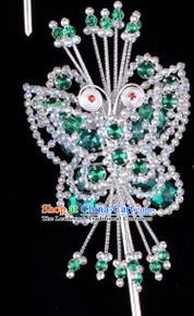 Traditional Beijing Opera Diva Hair Accessories Green Crystal Butterfly Head Ornaments Hairpin, Ancient Chinese Peking Opera Hua Tan Hairpins Headwear