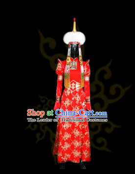 Traditional Chinese Mongol Nationality Costume Female Red Wedding Mongolian Robe, Chinese Mongolian Minority Nationality Princess Embroidery Costume for Women