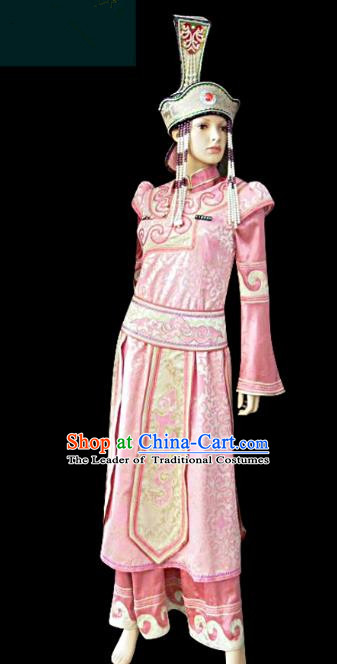 Traditional Chinese Mongol Nationality Dance Costume Princess Pink Dress, Chinese Mongolian Minority Nationality Embroidery Clothing for Women